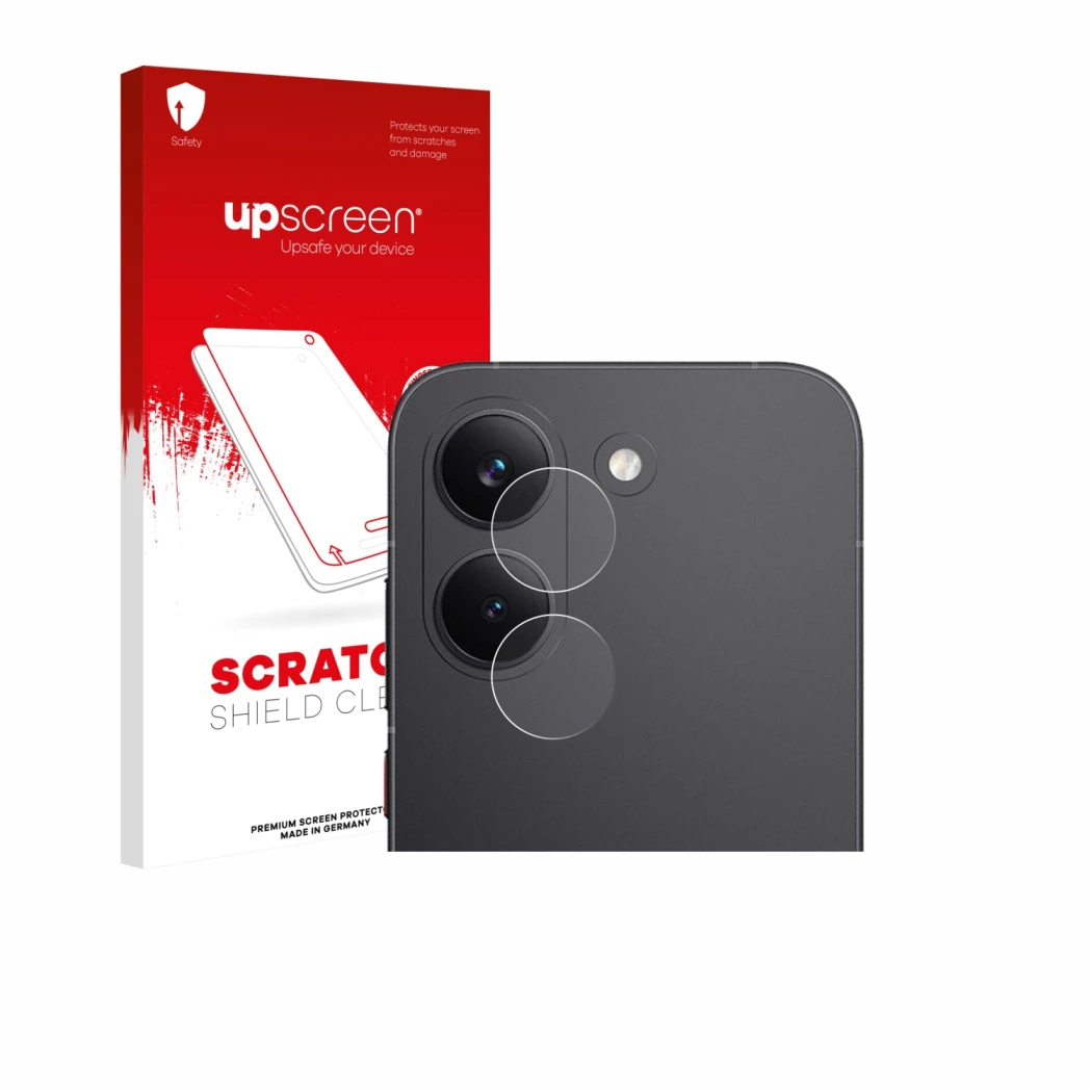 Parte frontal de un envase de producto con el logotipo de la marca upscreen. Al lado se muestra el dispositivo Xiaomi Poco X8