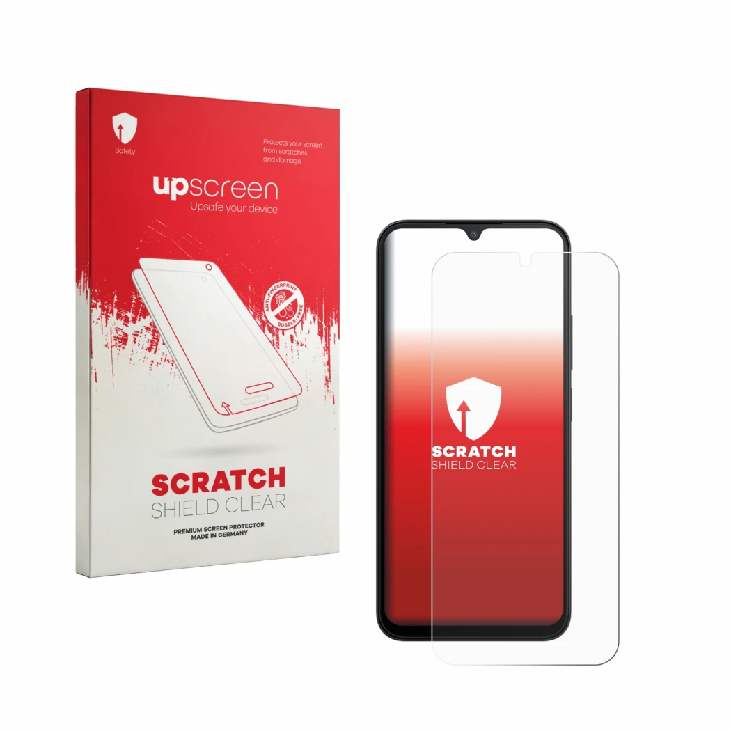 Parte frontal de un envase de producto con el logotipo de la marca upscreen. Al lado se muestra el dispositivo Xiaomi Redmi A7