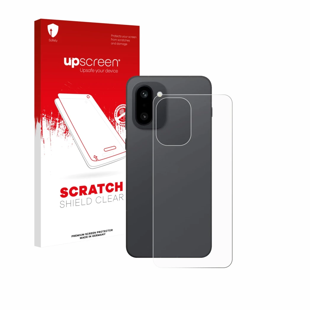Parte frontal de un envase de producto con el logotipo de la marca upscreen. Al lado se muestra el dispositivo OnePlus 15R (Tr