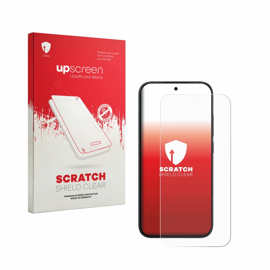 Parte frontal de un envase de producto con el logotipo de la marca upscreen. Al lado se muestra el dispositivo Xiaomi Poco X8 