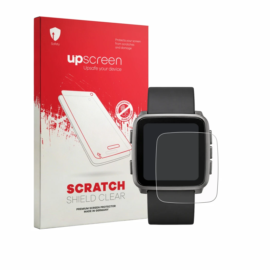 Parte frontal de un envase de producto con el logotipo de la marca upscreen. Al lado se muestra el dispositivo Pebble Time 2 2