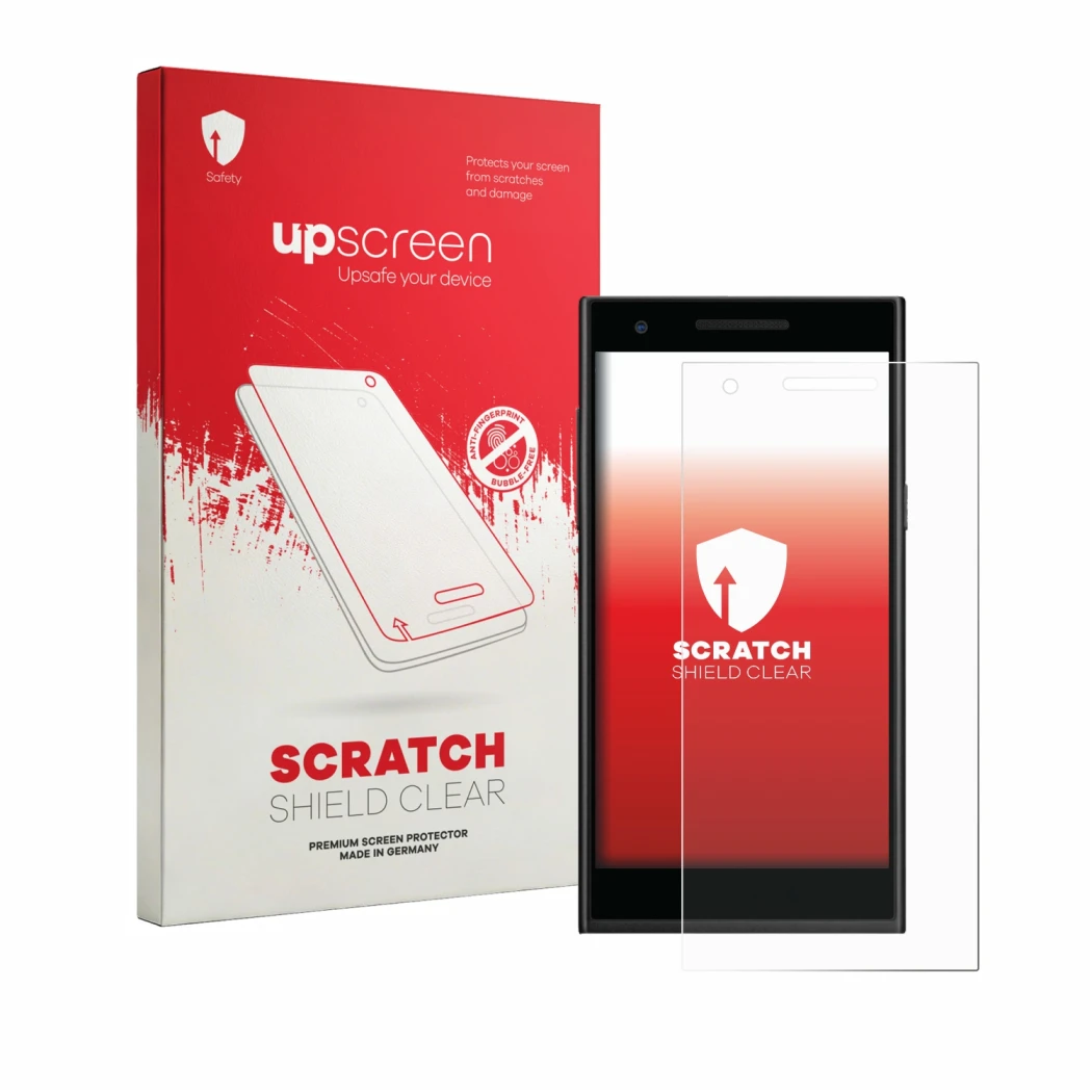 Parte frontal de un envase de producto con el logotipo de la marca upscreen. Al lado se muestra el dispositivo Philips S396 co