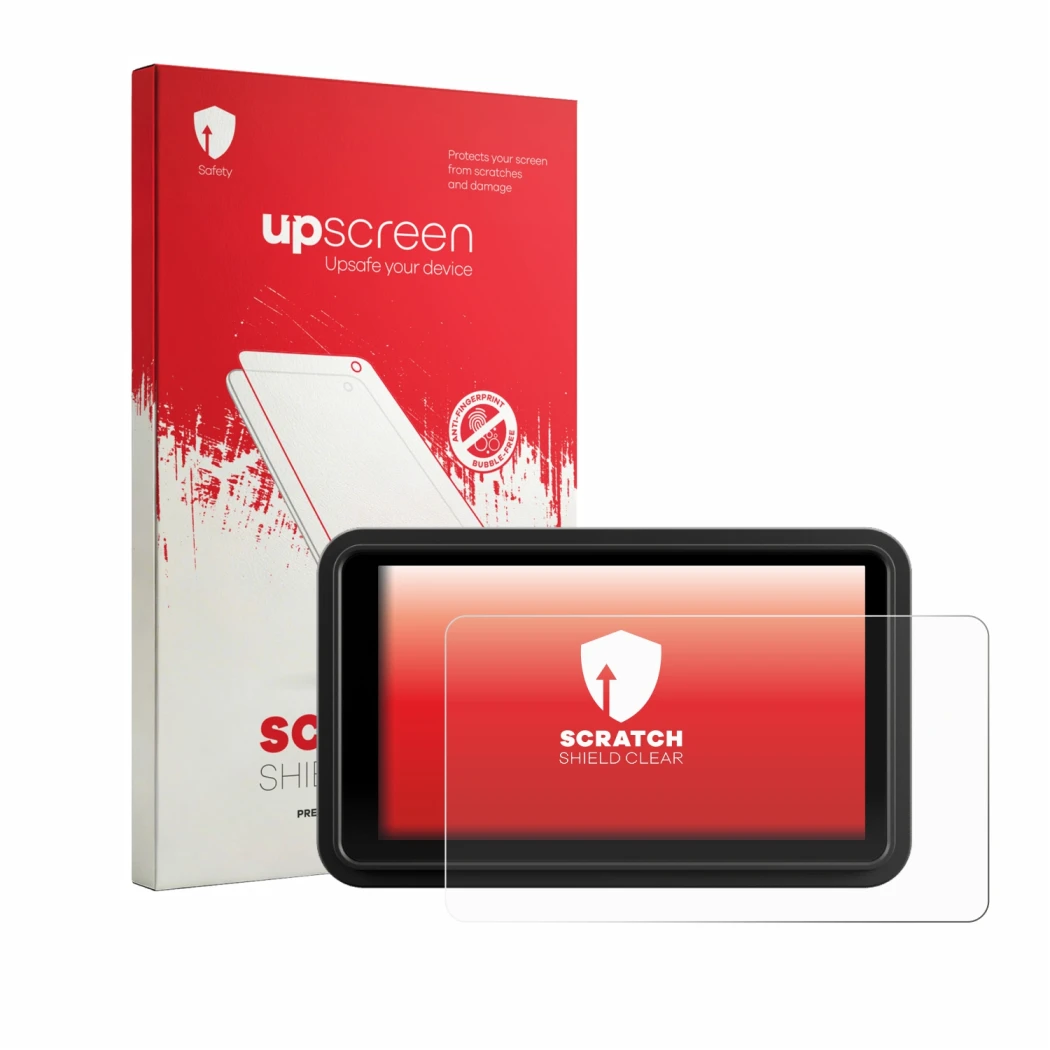 Parte frontal de un envase de producto con el logotipo de la marca upscreen. Al lado se muestra el dispositivo Atomos Ninja RA