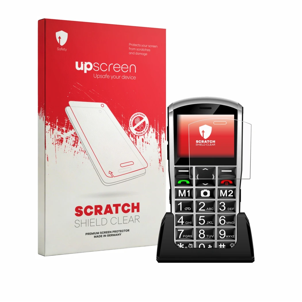 Parte frontal de un envase de producto con el logotipo de la marca upscreen. Al lado se muestra el dispositivo Artfone A400 Pr