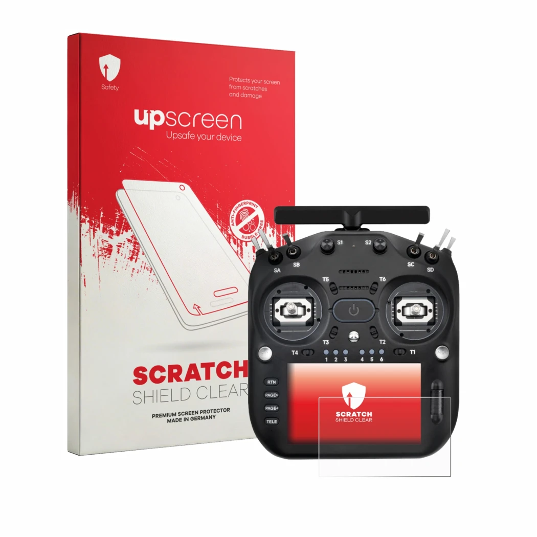 Parte frontal de un envase de producto con el logotipo de la marca upscreen. Al lado se muestra el dispositivo Radiomaster TX1