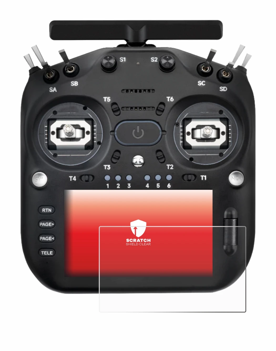 Imagen del dispositivo Radiomaster TX16S MK3 con una amplia variedad de protectores de pantalla.