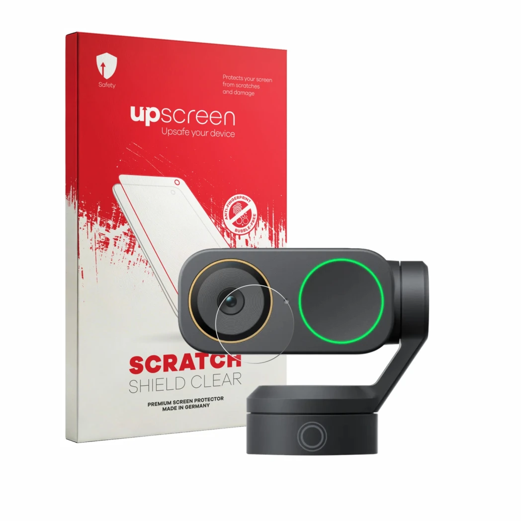 Parte frontal de un envase de producto con el logotipo de la marca upscreen. Al lado se muestra el dispositivo Insta360 Link 2
