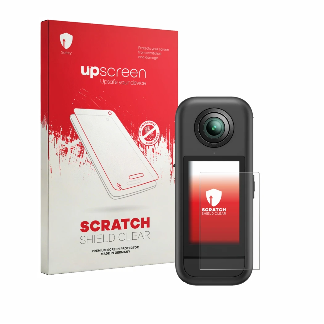 Parte frontal de un envase de producto con el logotipo de la marca upscreen. Al lado se muestra el dispositivo Akaso 360 con s