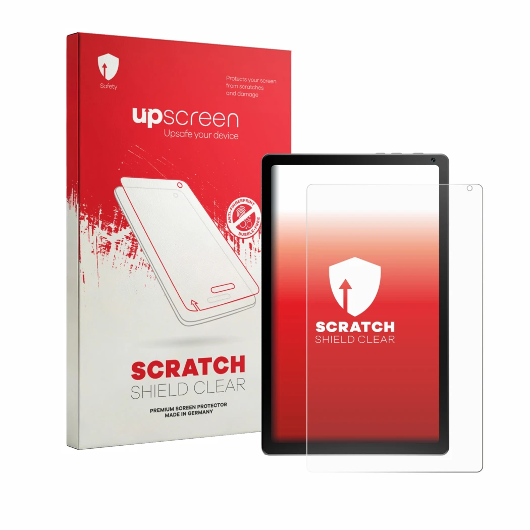 Parte frontal de un envase de producto con el logotipo de la marca upscreen. Al lado se muestra el dispositivo Yicty KB1004 co