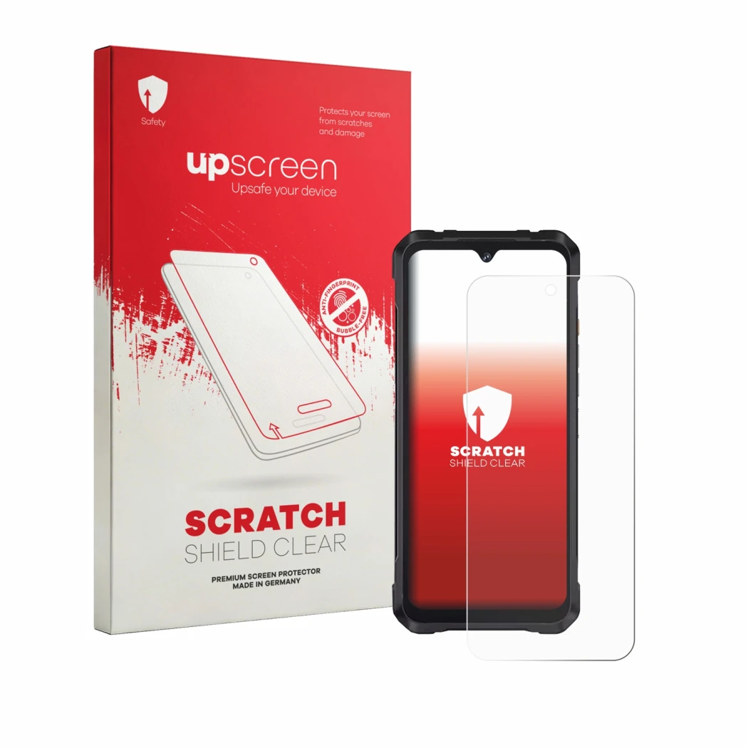 Parte frontal de un envase de producto con el logotipo de la marca upscreen. Al lado se muestra el dispositivo Cubot King Kong