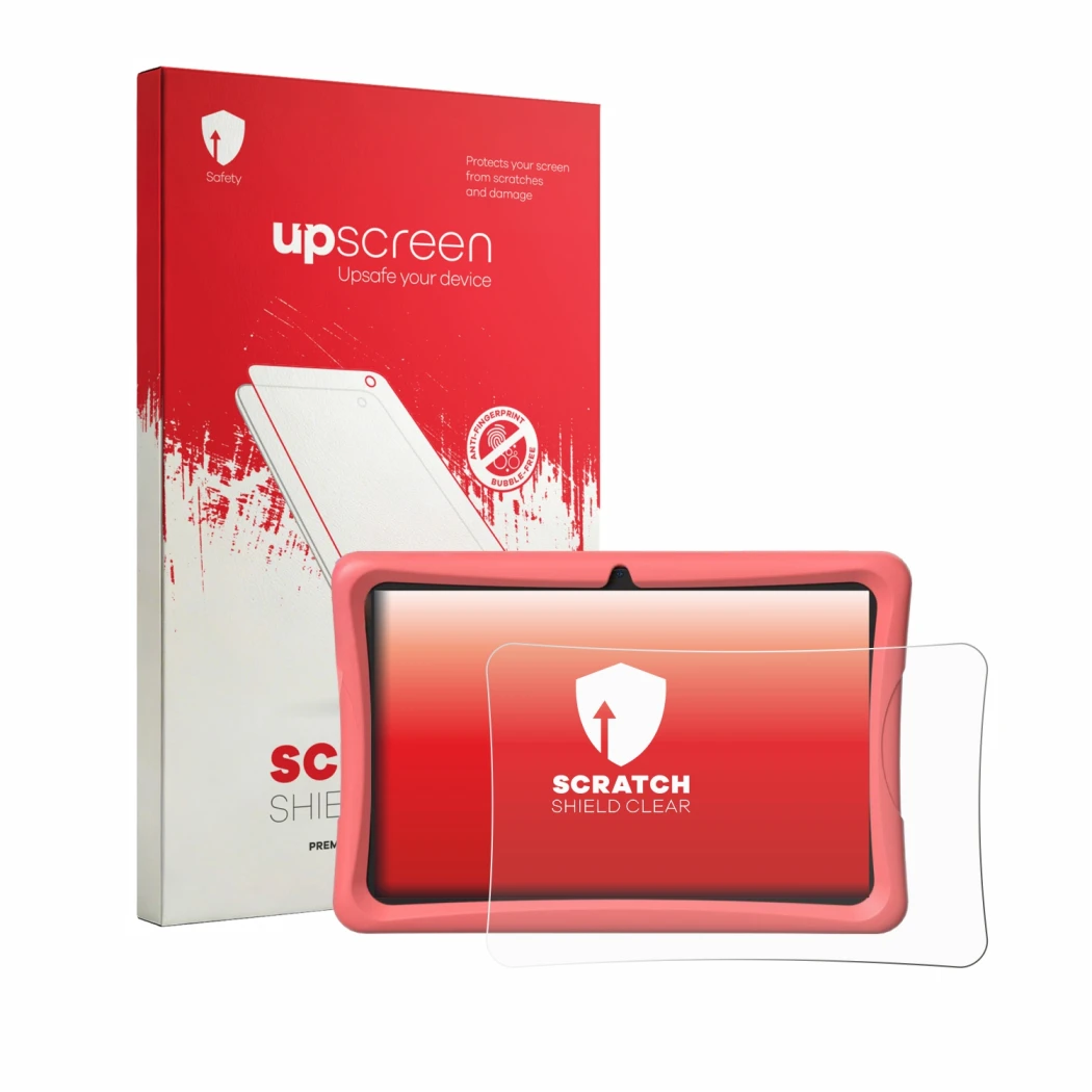 Parte frontal de un envase de producto con el logotipo de la marca upscreen. Al lado se muestra el dispositivo Tabwee K10 con 