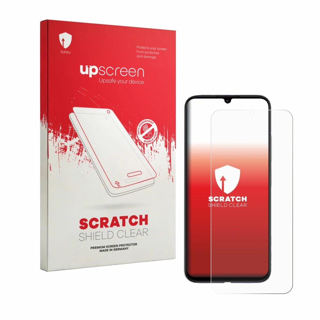 Parte frontal de un envase de producto con el logotipo de la marca upscreen. Al lado se muestra el dispositivo Redmi R70m 5G c