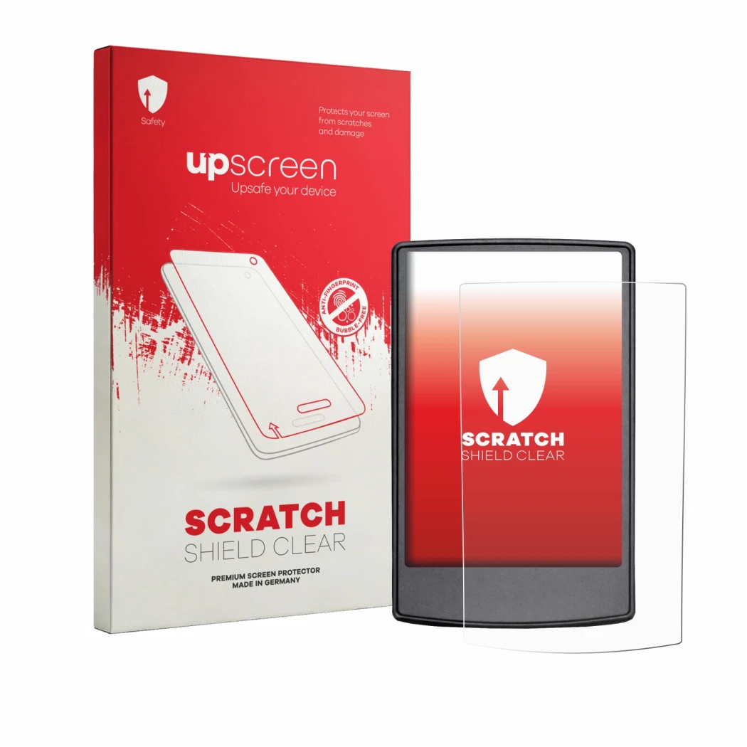 Parte frontal de un envase de producto con el logotipo de la marca upscreen. Al lado se muestra el dispositivo Engwe Engine Pr
