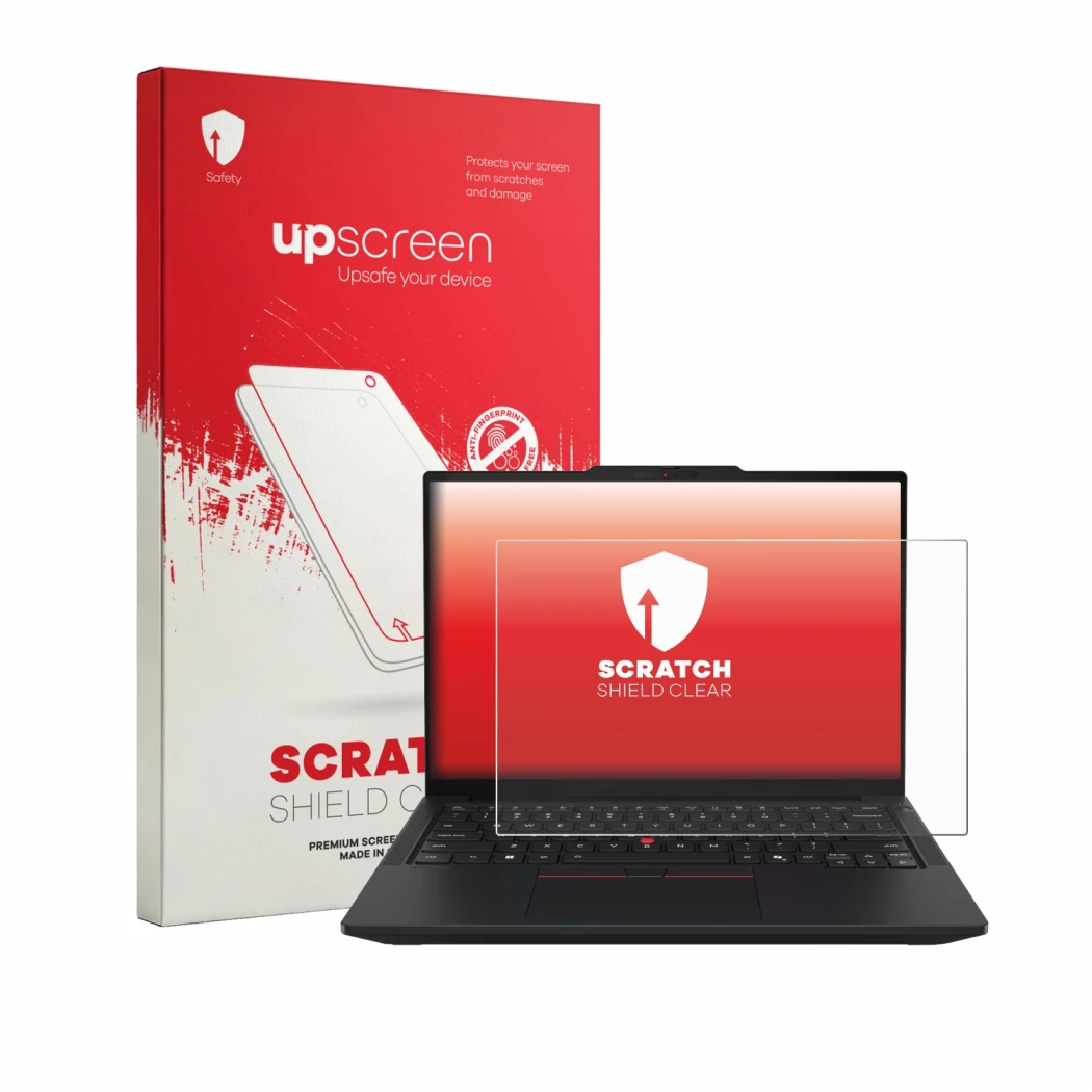 Parte frontal de un envase de producto con el logotipo de la marca upscreen. Al lado se muestra el dispositivo Lenovo ThinkPad