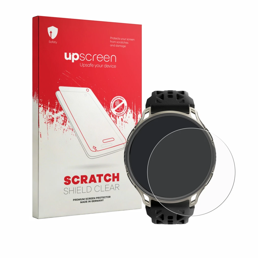 Parte frontal de un envase de producto con el logotipo de la marca upscreen. Al lado se muestra el dispositivo Amazfit Cheetah