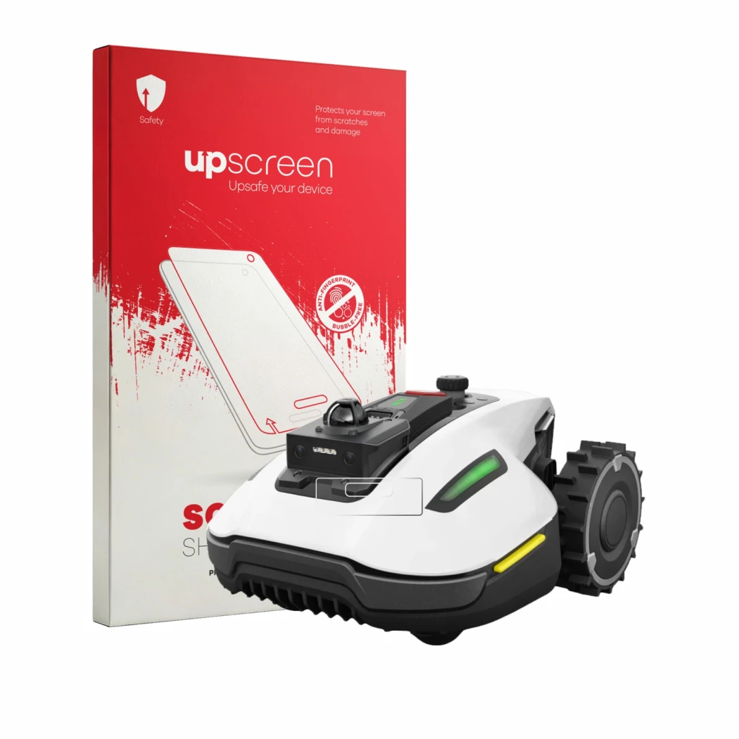 Parte frontal de un envase de producto con el logotipo de la marca upscreen. Al lado se muestra el dispositivo Mammotion Yuka 