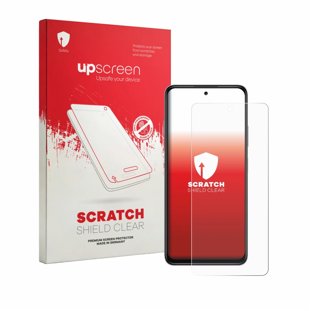 Parte frontal de un envase de producto con el logotipo de la marca upscreen. Al lado se muestra el dispositivo Huawei Enjoy 90
