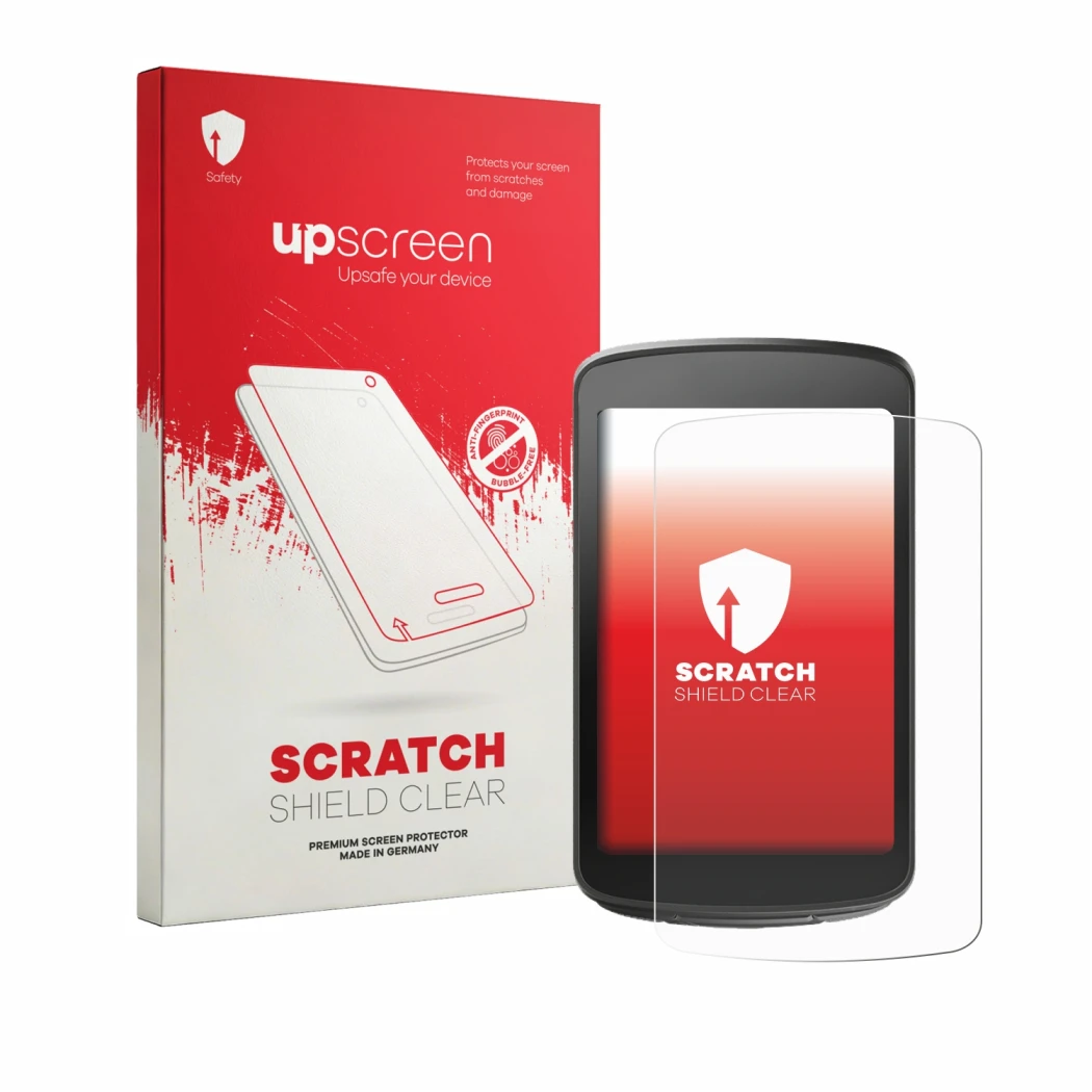 Parte frontal de un envase de producto con el logotipo de la marca upscreen. Al lado se muestra el dispositivo Magene C706 con