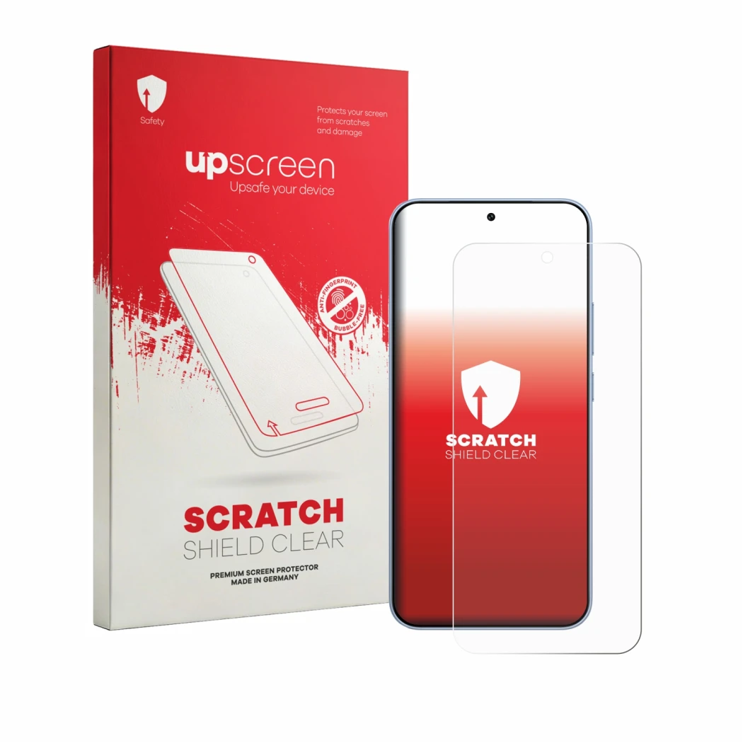 Parte frontal de un envase de producto con el logotipo de la marca upscreen. Al lado se muestra el dispositivo Vivo T5 Pro con