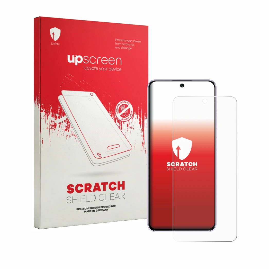 Parte frontal de un envase de producto con el logotipo de la marca upscreen. Al lado se muestra el dispositivo Oukitel C26 con