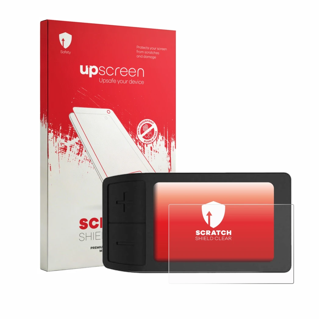 Parte frontal de un envase de producto con el logotipo de la marca upscreen. Al lado se muestra el dispositivo Gdfnmogo Bike C