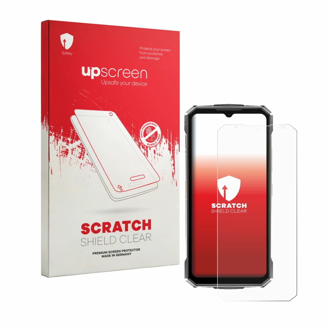 Parte frontal de un envase de producto con el logotipo de la marca upscreen. Al lado se muestra el dispositivo Doogee Fire 7 U