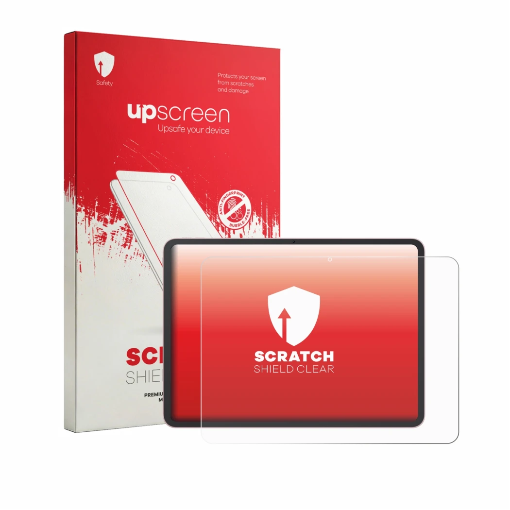 Parte frontal de un envase de producto con el logotipo de la marca upscreen. Al lado se muestra el dispositivo Oppo Pad 5 con