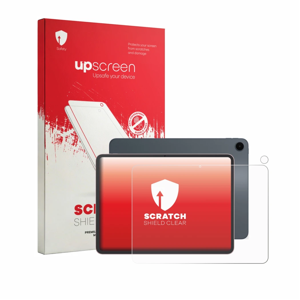 Parte frontal de un envase de producto con el logotipo de la marca upscreen. Al lado se muestra el dispositivo Oppo Pad 5 (Fro