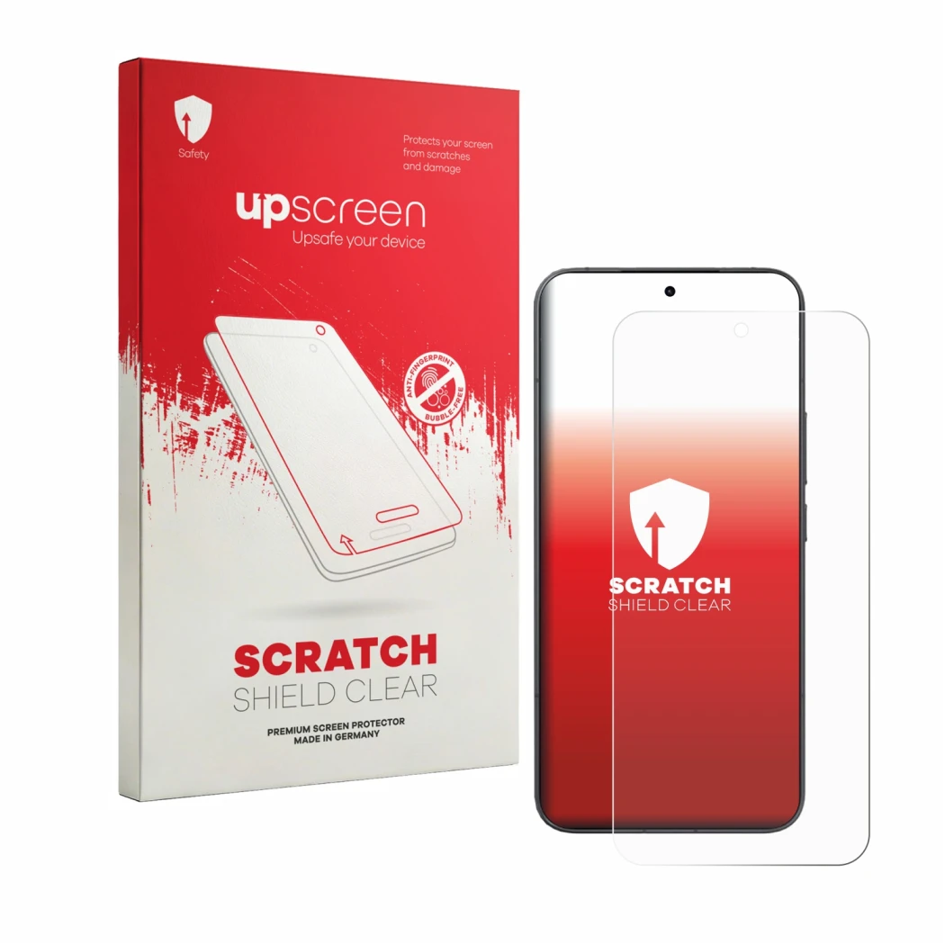 Parte frontal de un envase de producto con el logotipo de la marca upscreen. Al lado se muestra el dispositivo Xiaomi 17T Pro 
