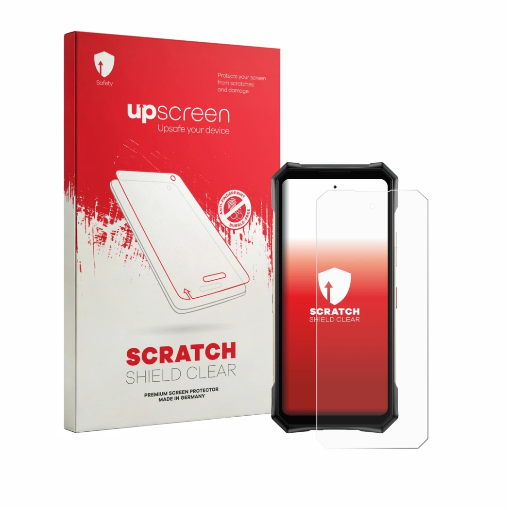 Parte frontal de un envase de producto con el logotipo de la marca upscreen. Al lado se muestra el dispositivo Doogee S300 Pro