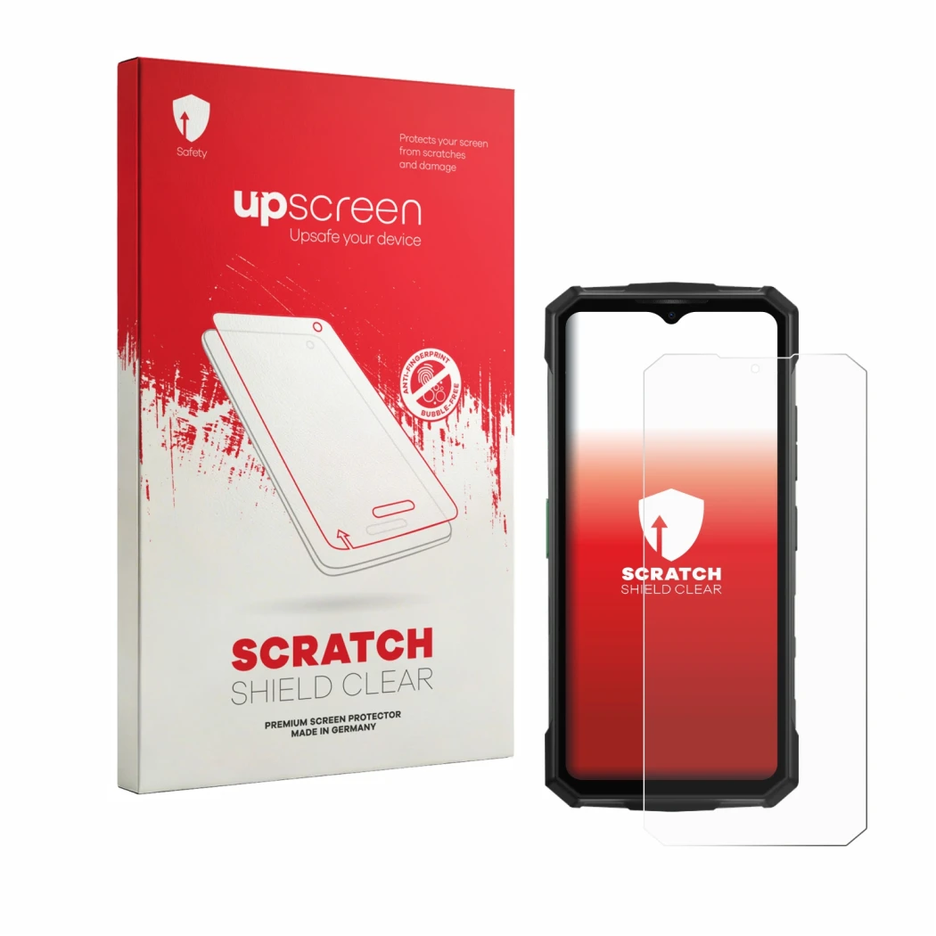 Parte frontal de un envase de producto con el logotipo de la marca upscreen. Al lado se muestra el dispositivo Doogee Fire 7 P