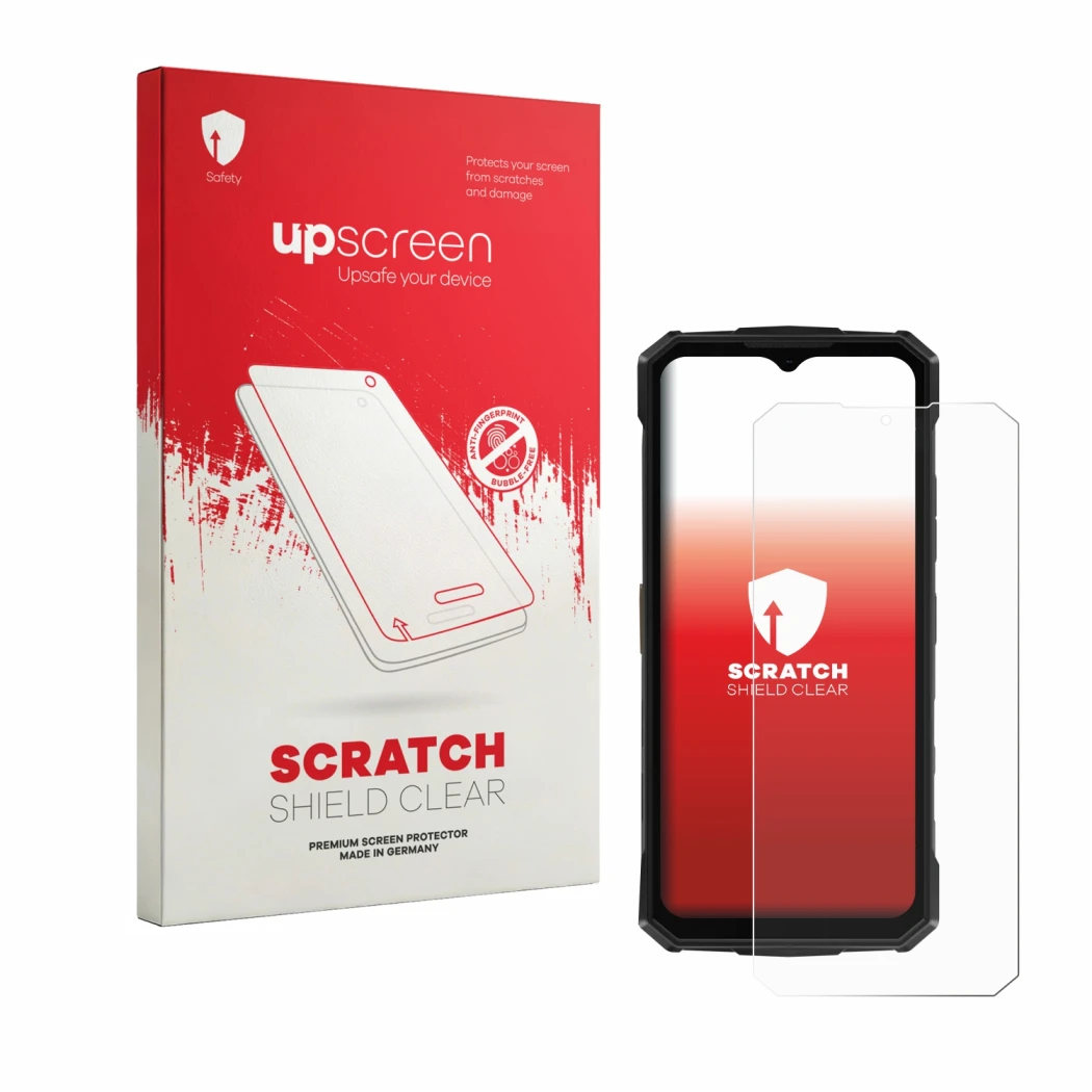 Parte frontal de un envase de producto con el logotipo de la marca upscreen. Al lado se muestra el dispositivo Doogee Fire 5 P