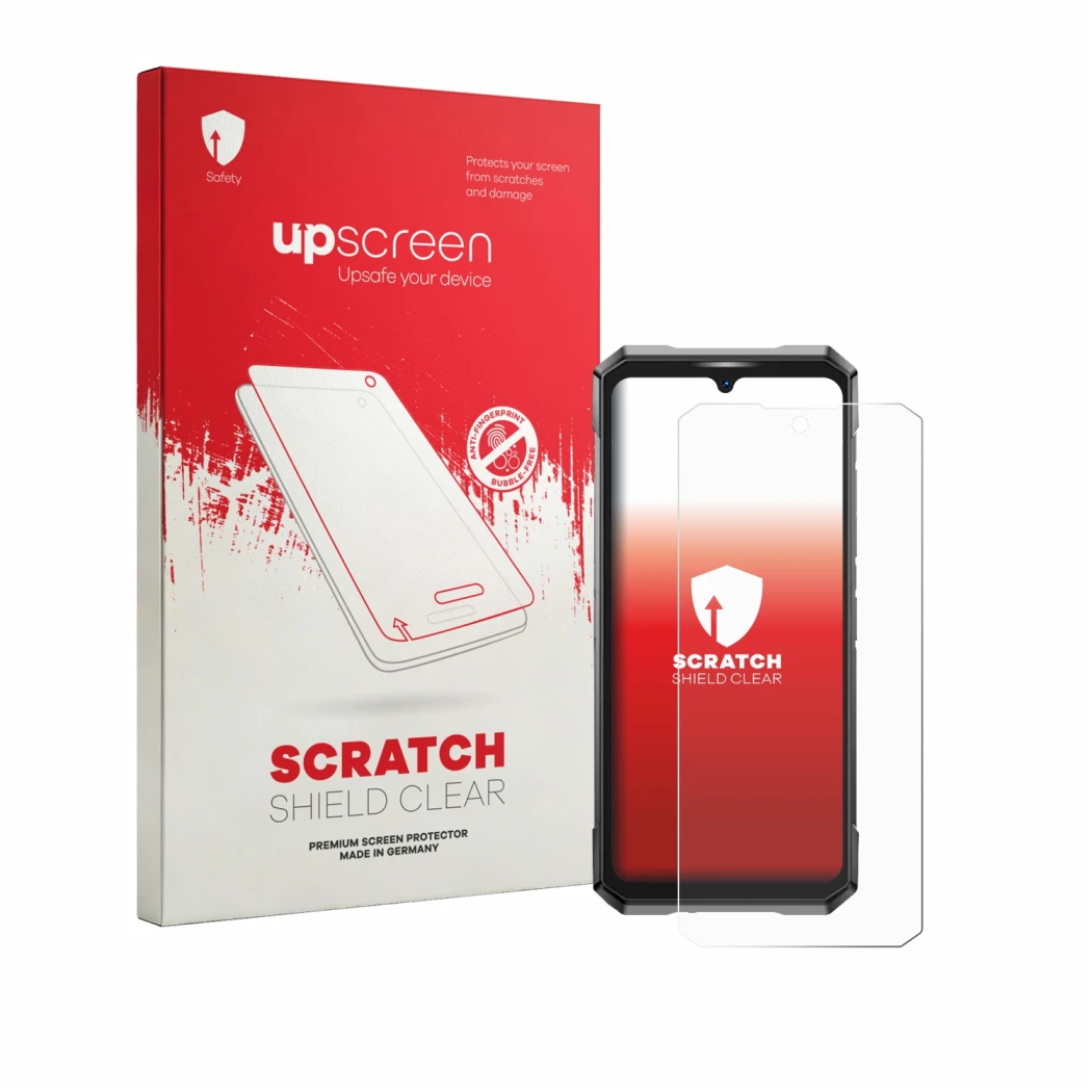 Parte frontal de un envase de producto con el logotipo de la marca upscreen. Al lado se muestra el dispositivo Doogee S200 Ult