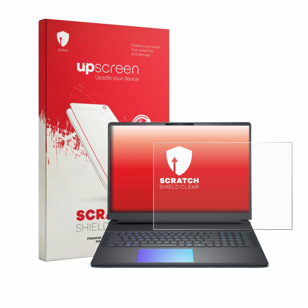 Parte frontal de un envase de producto con el logotipo de la marca upscreen. Al lado se muestra el dispositivo Dell Alienware
