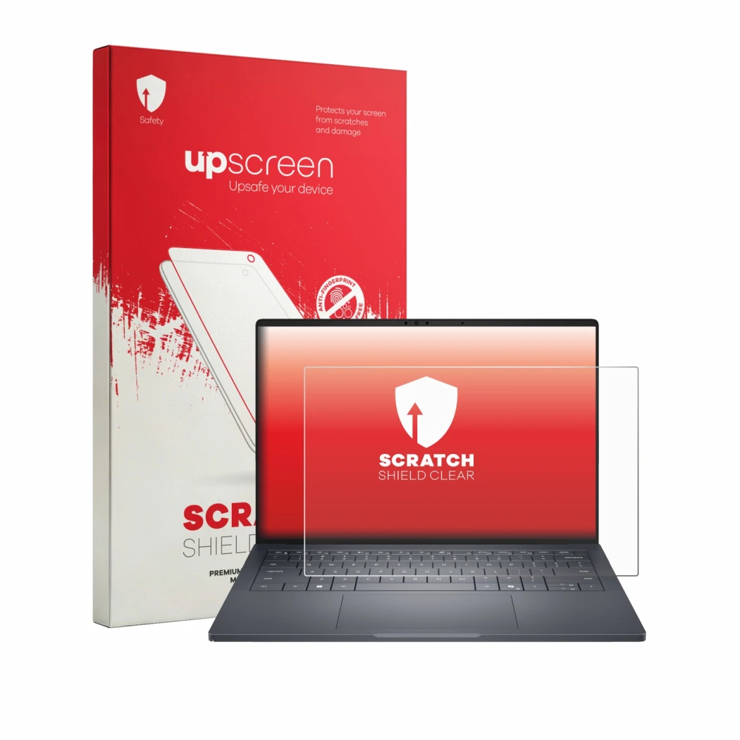 Parte frontal de un envase de producto con el logotipo de la marca upscreen. Al lado se muestra el dispositivo Dell Pro Max 14