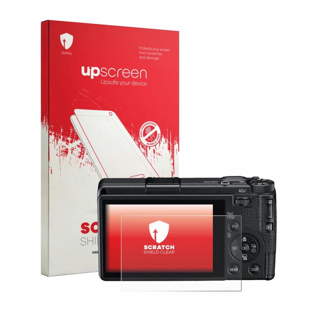 Parte frontal de un envase de producto con el logotipo de la marca upscreen. Al lado se muestra el dispositivo Ricoh GR IV Mon