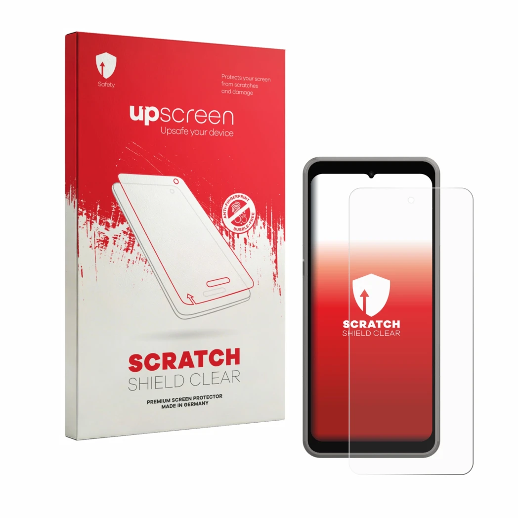 Parte frontal de un envase de producto con el logotipo de la marca upscreen. Al lado se muestra el dispositivo ingenico Axium