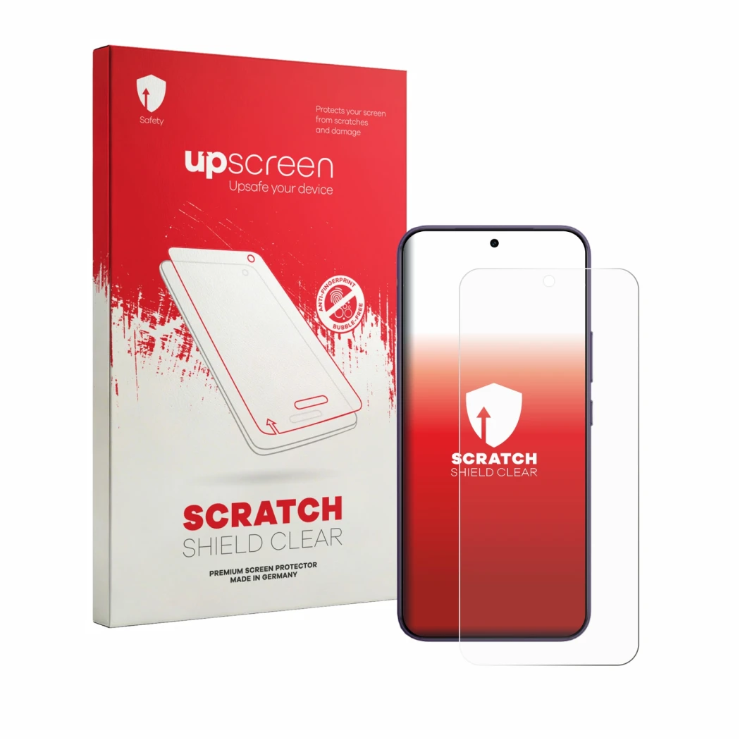 Parte frontal de un envase de producto con el logotipo de la marca upscreen. Al lado se muestra el dispositivo Vivo Y600 Pro c