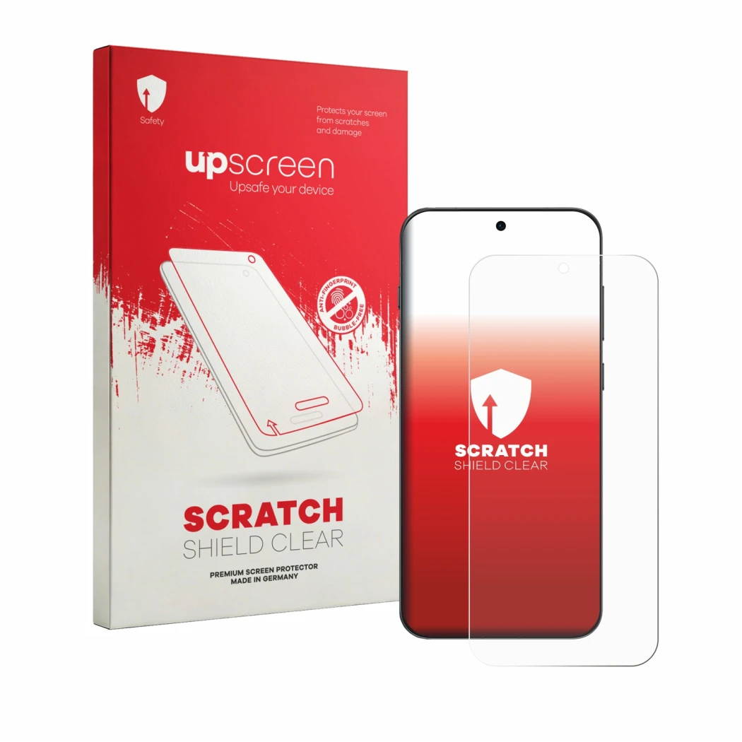 Parte frontal de un envase de producto con el logotipo de la marca upscreen. Al lado se muestra el dispositivo Oppo Find X9s c