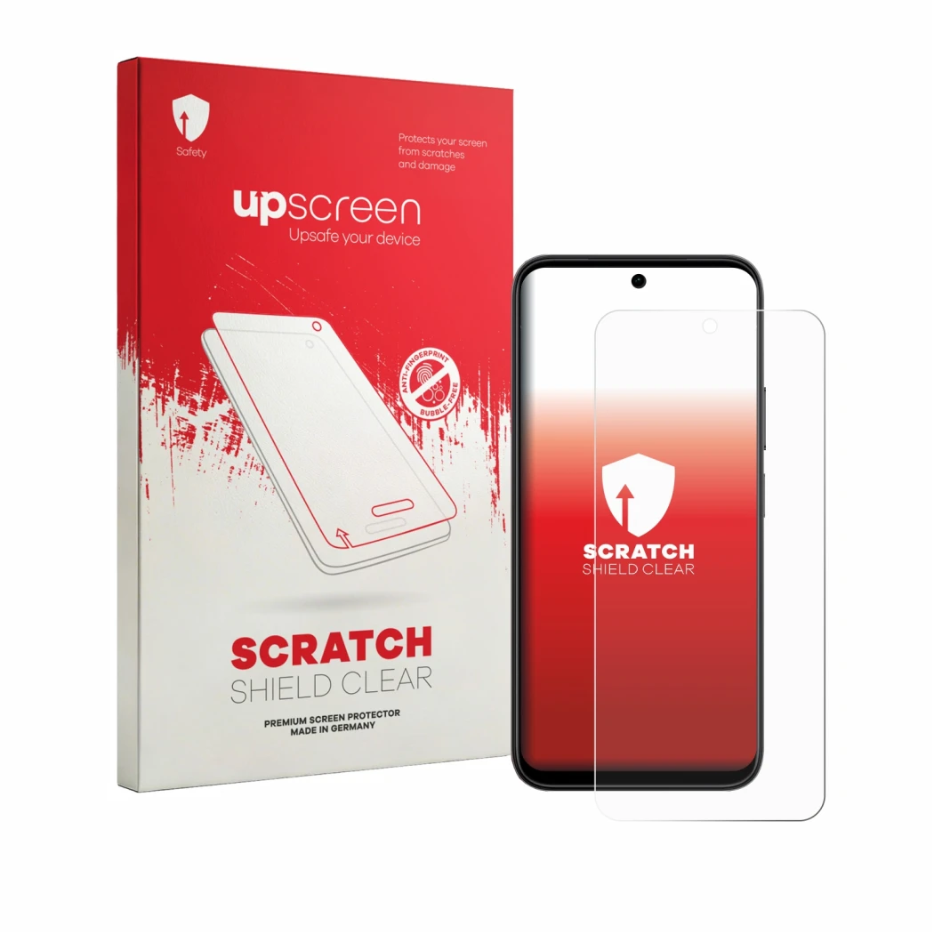 Parte frontal de un envase de producto con el logotipo de la marca upscreen. Al lado se muestra el dispositivo Vivo Y51 Pro 5G