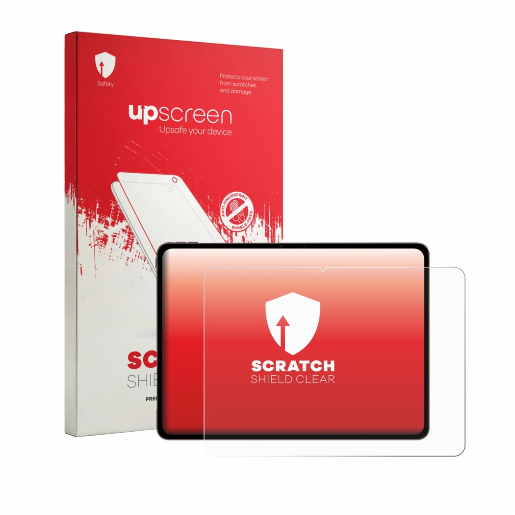 Parte frontal de un envase de producto con el logotipo de la marca upscreen. Al lado se muestra el dispositivo OnePlus Pad 4 c