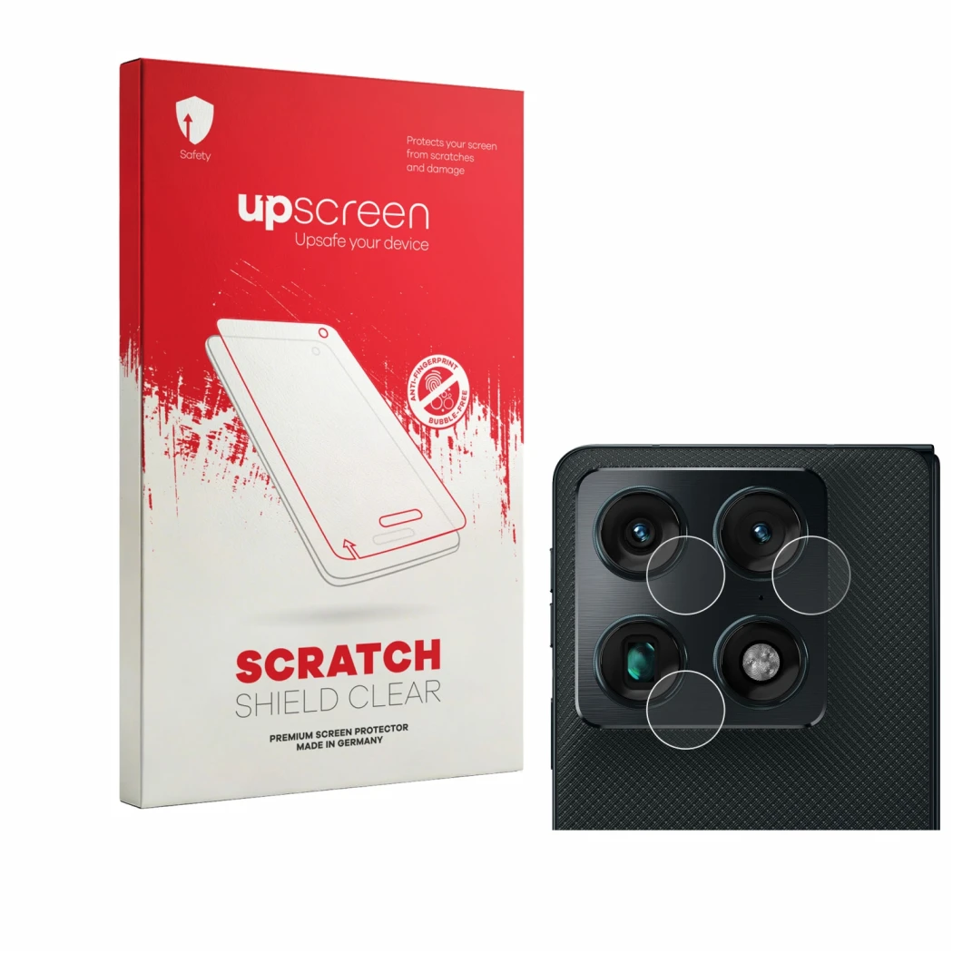 Parte frontal de un envase de producto con el logotipo de la marca upscreen. Al lado se muestra el dispositivo Motorola Razr F