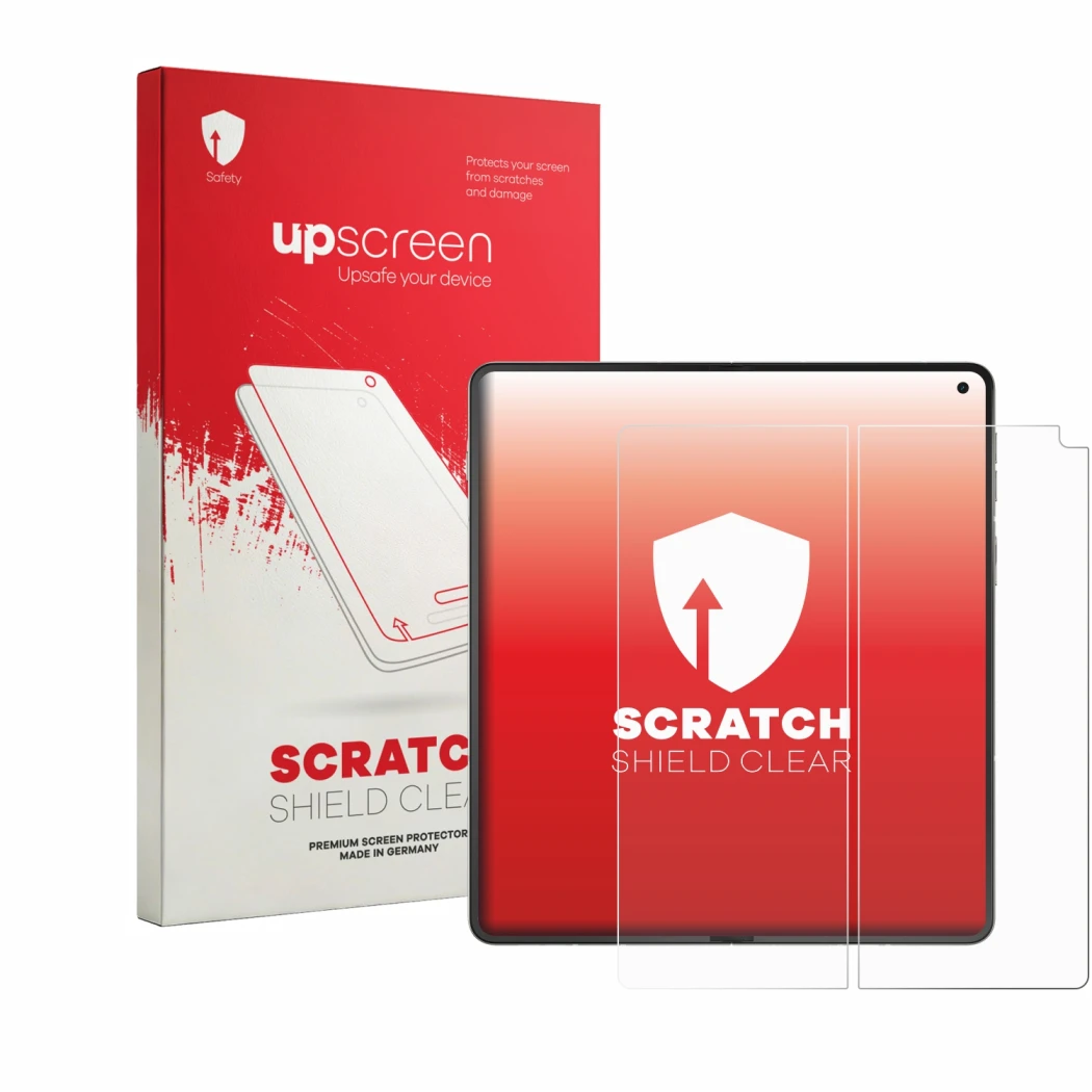 Parte frontal de un envase de producto con el logotipo de la marca upscreen. Al lado se muestra el dispositivo Motorola Razr F