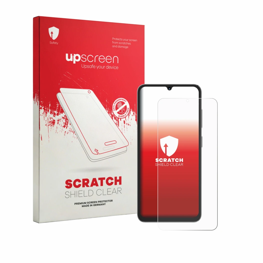 Parte frontal de un envase de producto con el logotipo de la marca upscreen. Al lado se muestra el dispositivo Hotwav A16 Pro
