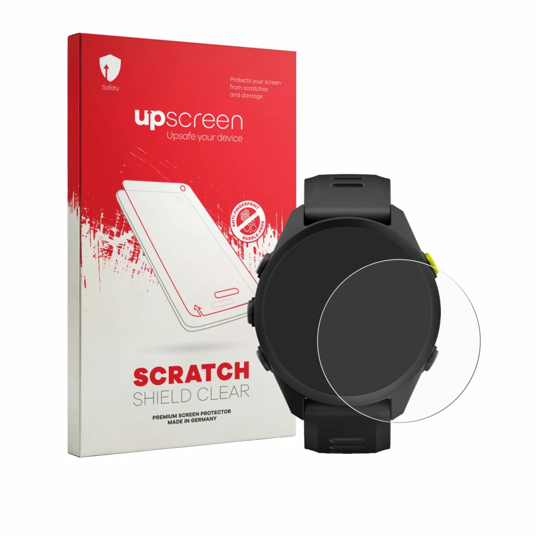 Parte frontal de un envase de producto con el logotipo de la marca upscreen. Al lado se muestra el dispositivo Garmin Forerunn
