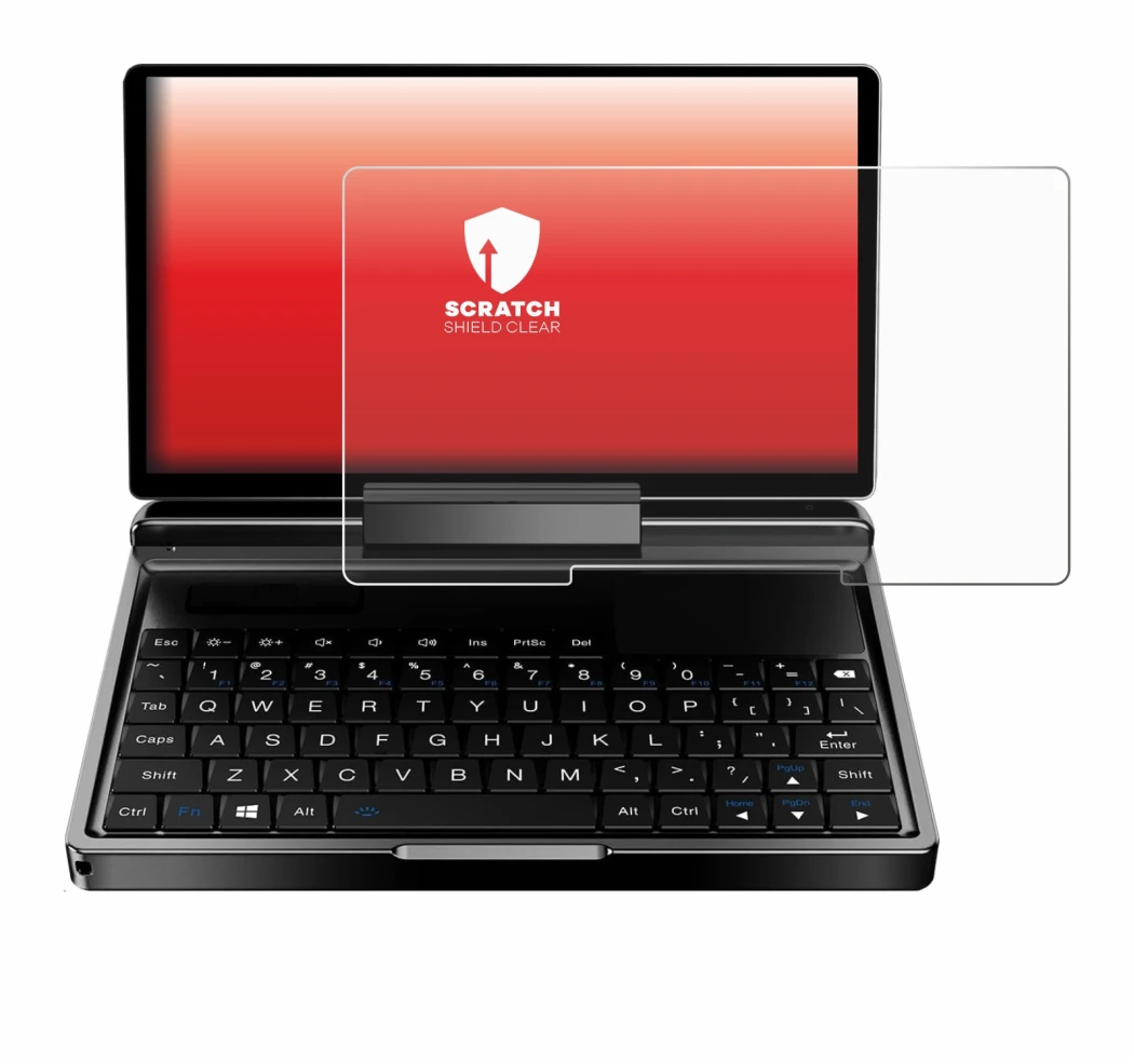 Imagen del dispositivo GPD MicroPC 2 con una amplia variedad de protectores de pantalla.