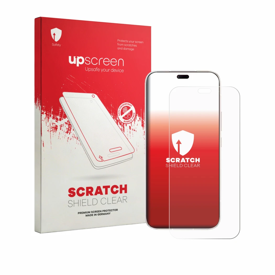Parte frontal de un envase de producto con el logotipo de la marca upscreen. Al lado se muestra el dispositivo Honor Play 11 P