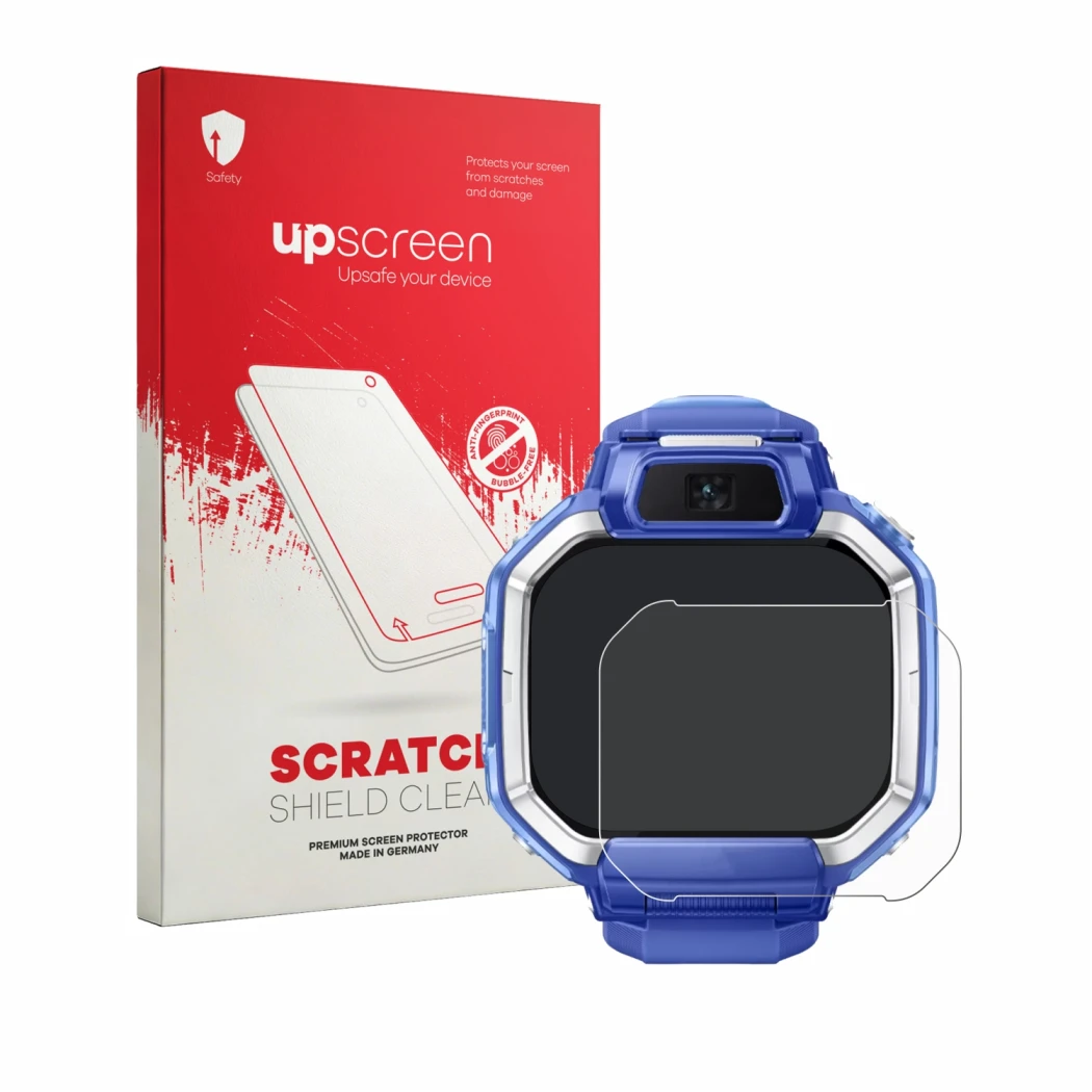 Parte frontal de un envase de producto con el logotipo de la marca upscreen. Al lado se muestra el dispositivo Huawei Watch Ki