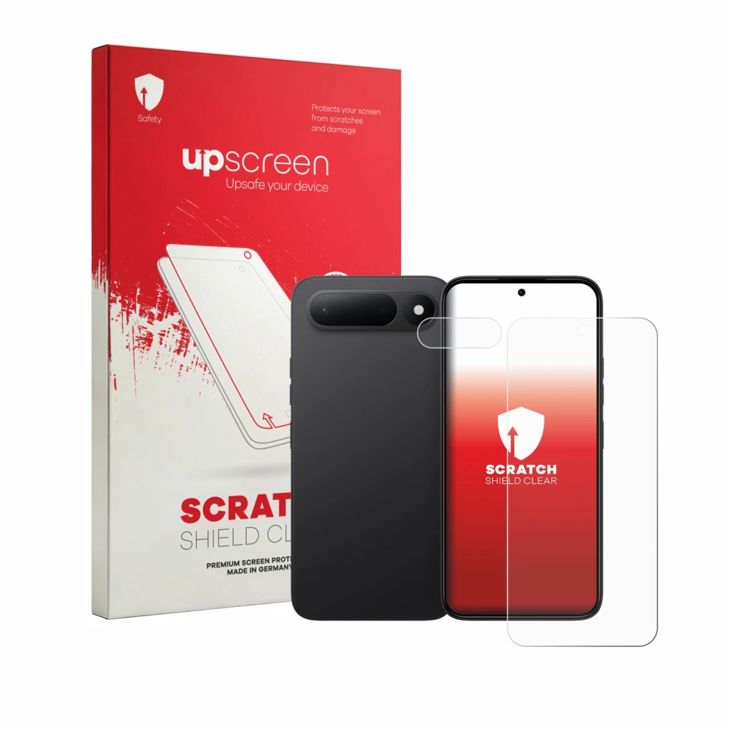 Parte frontal de un envase de producto con el logotipo de la marca upscreen. Al lado se muestra el dispositivo Tecno Spark 50 