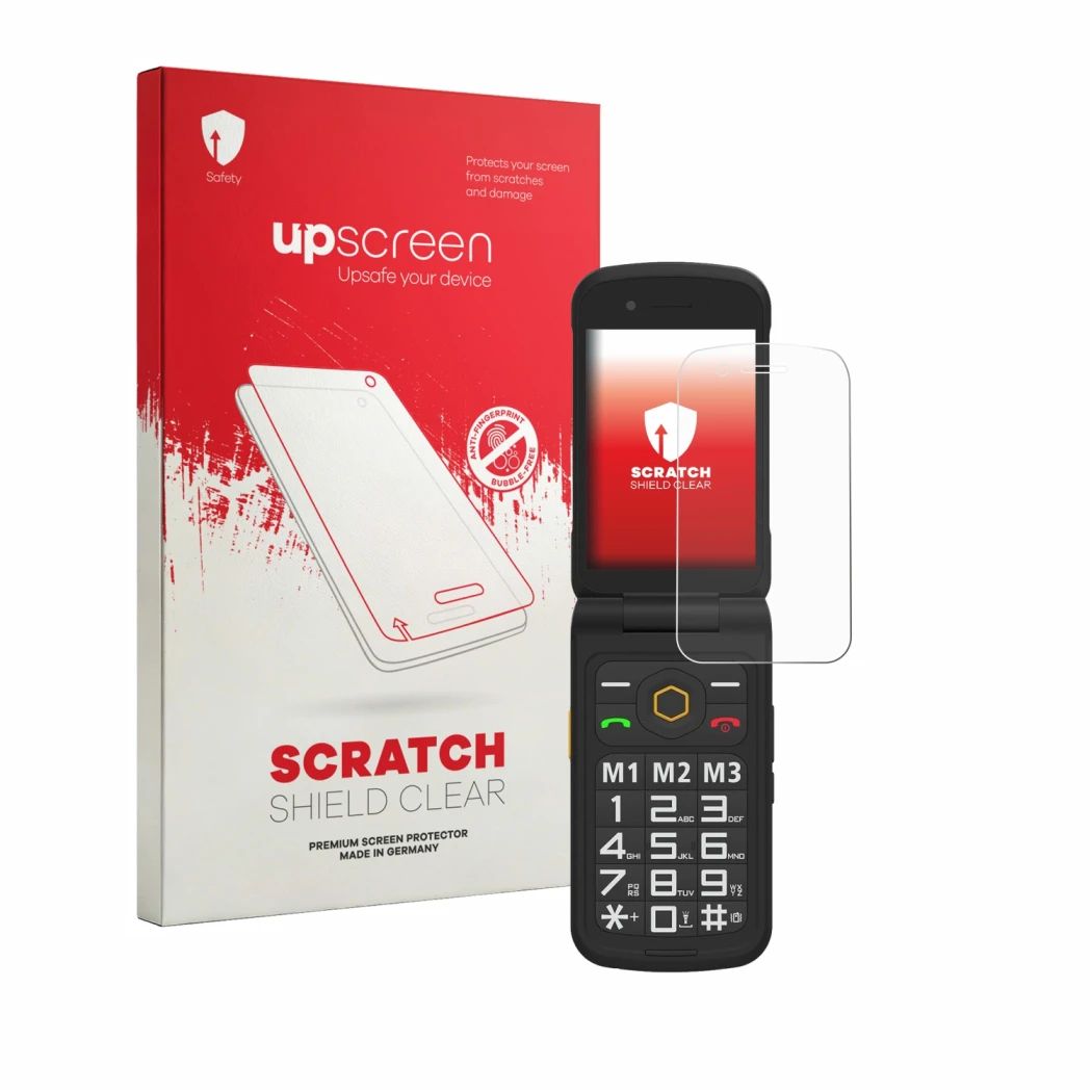 Parte frontal de un envase de producto con el logotipo de la marca upscreen. Al lado se muestra el dispositivo AGM M8 FLIP con